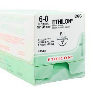 오픈메디칼에치콘 봉합사 나일론 에치론 ETHILON 697G (6/0 11mm 3/8c cut 45cm 12p 블랙)